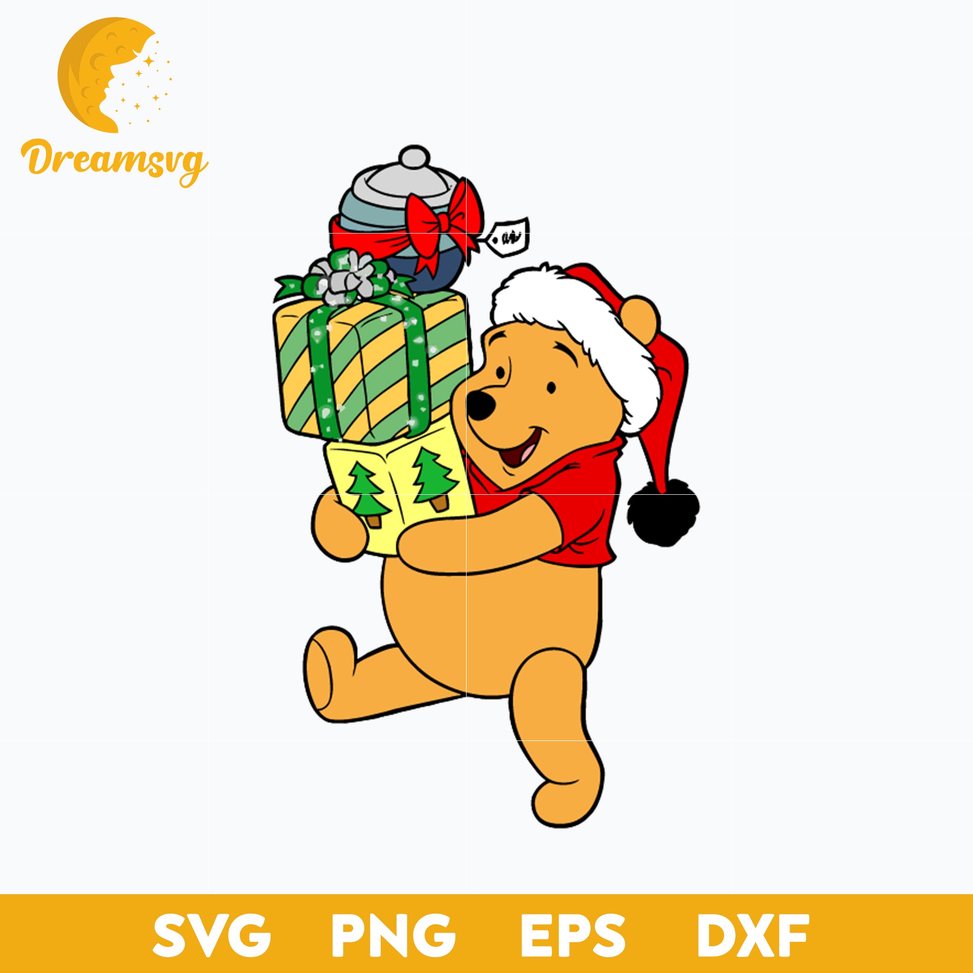 Pooh Bear Christmas Gift SVG, Christmas SVG PNG DXF EPS Digital File.