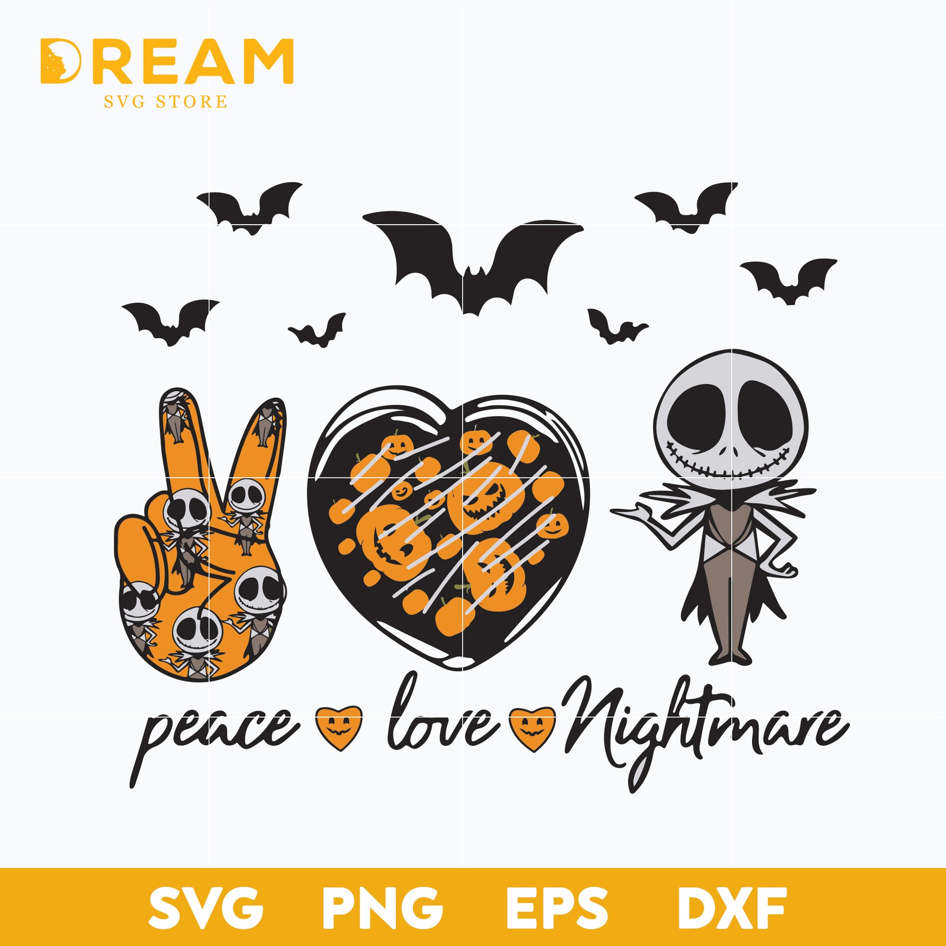 Peace love nightmare svg, skellington svg, halloween svg, png, dxf, eps digital file HLW1709203L