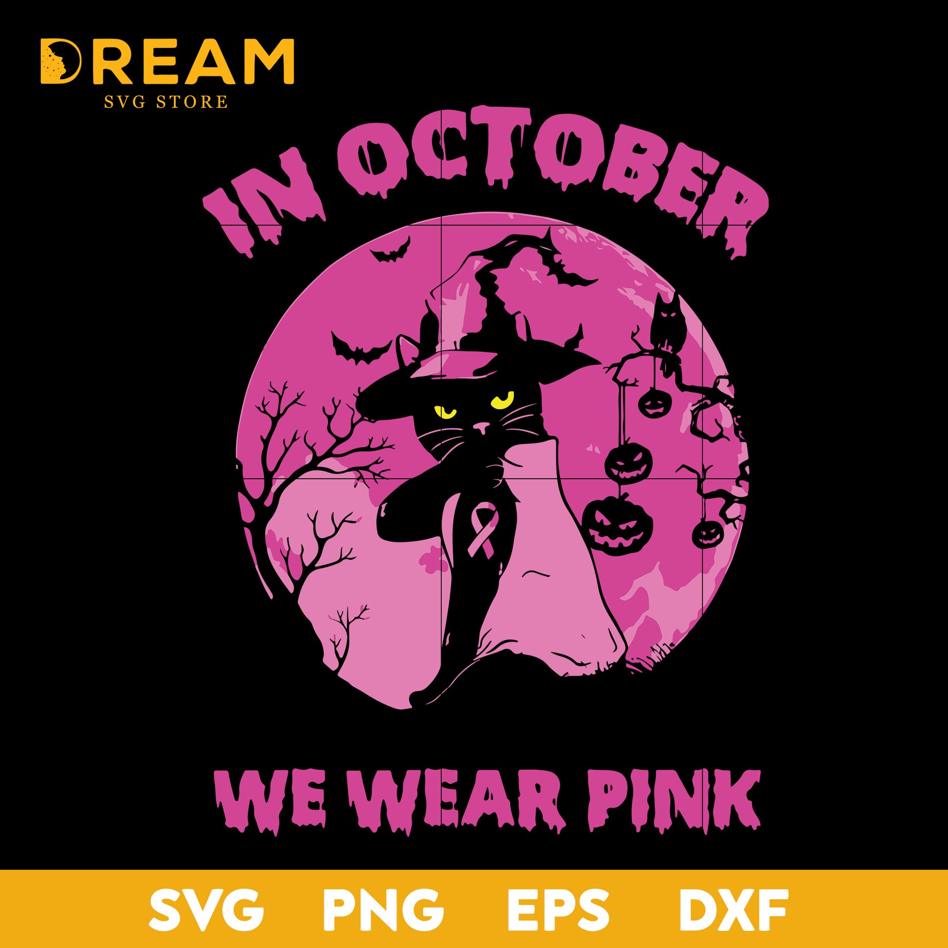 In october we wear pink svg, black cat svg, halloween svg, png, dxf, eps digital file HLW2409204L