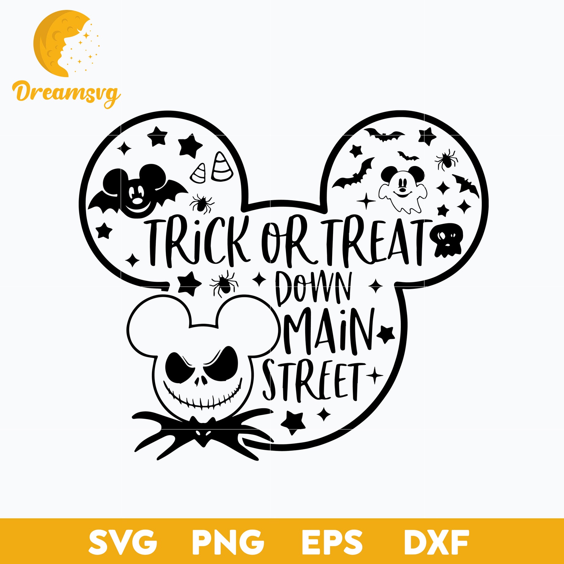 Read the full title Trick or treat down main street svg, Halloween svg, png, dxf, eps digital file.