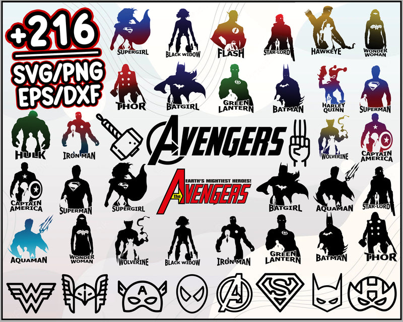 216+ Superhero SVG Bundle, Marvel SVG Mega Bundle, Iron Man Svg, Captain America, Thor, Hulk, Endgame Avenger, Cartoon svg, png, dxf, eps digital file