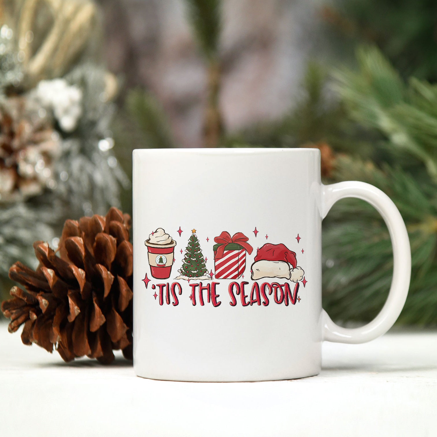 Tis The Season PNG, Coffee Cups Christmas Tree Gift Santa Hat Christmas PNG.