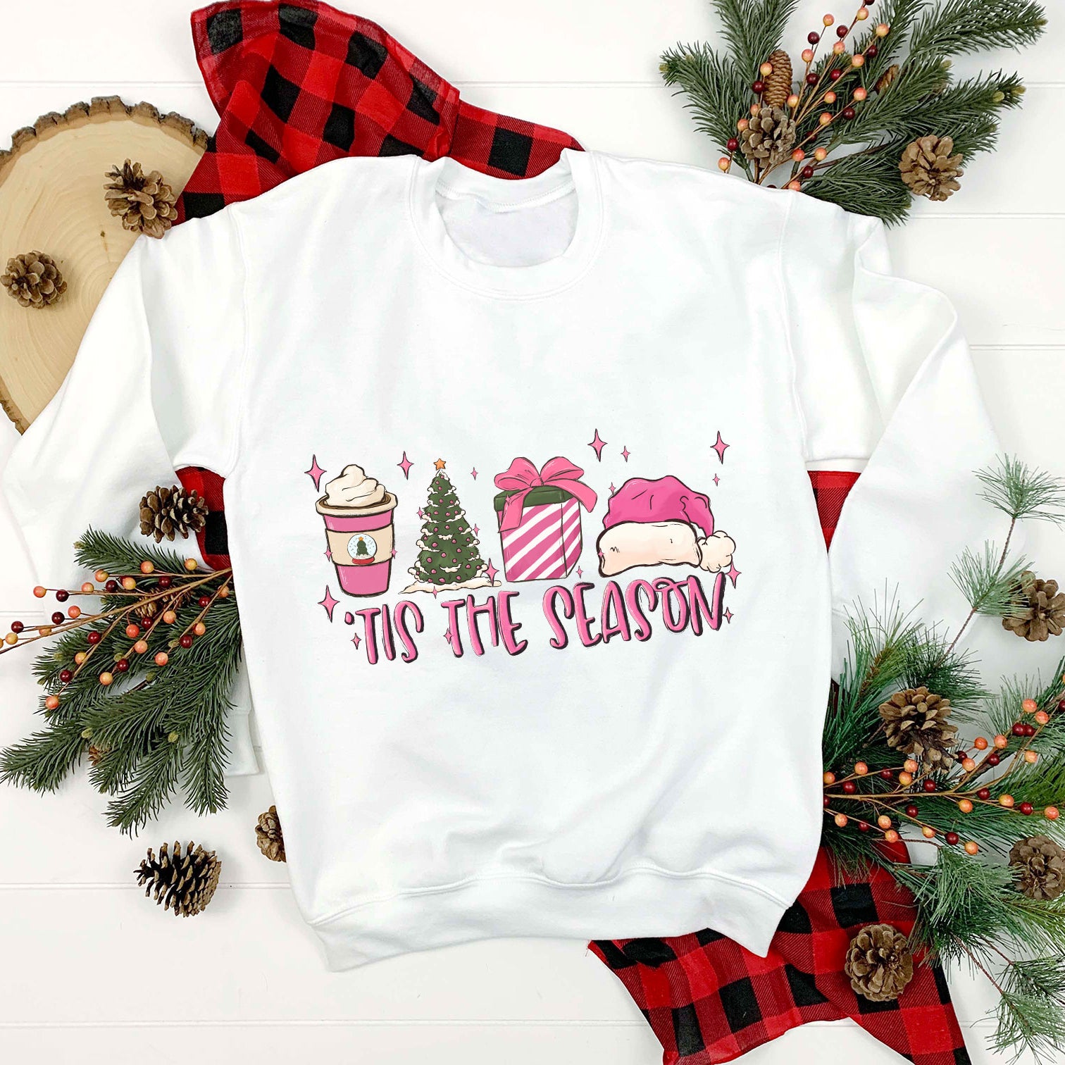 Tis The Season PNG, Cups Coffee Christmas Tree Gift Santa Hat PNG.