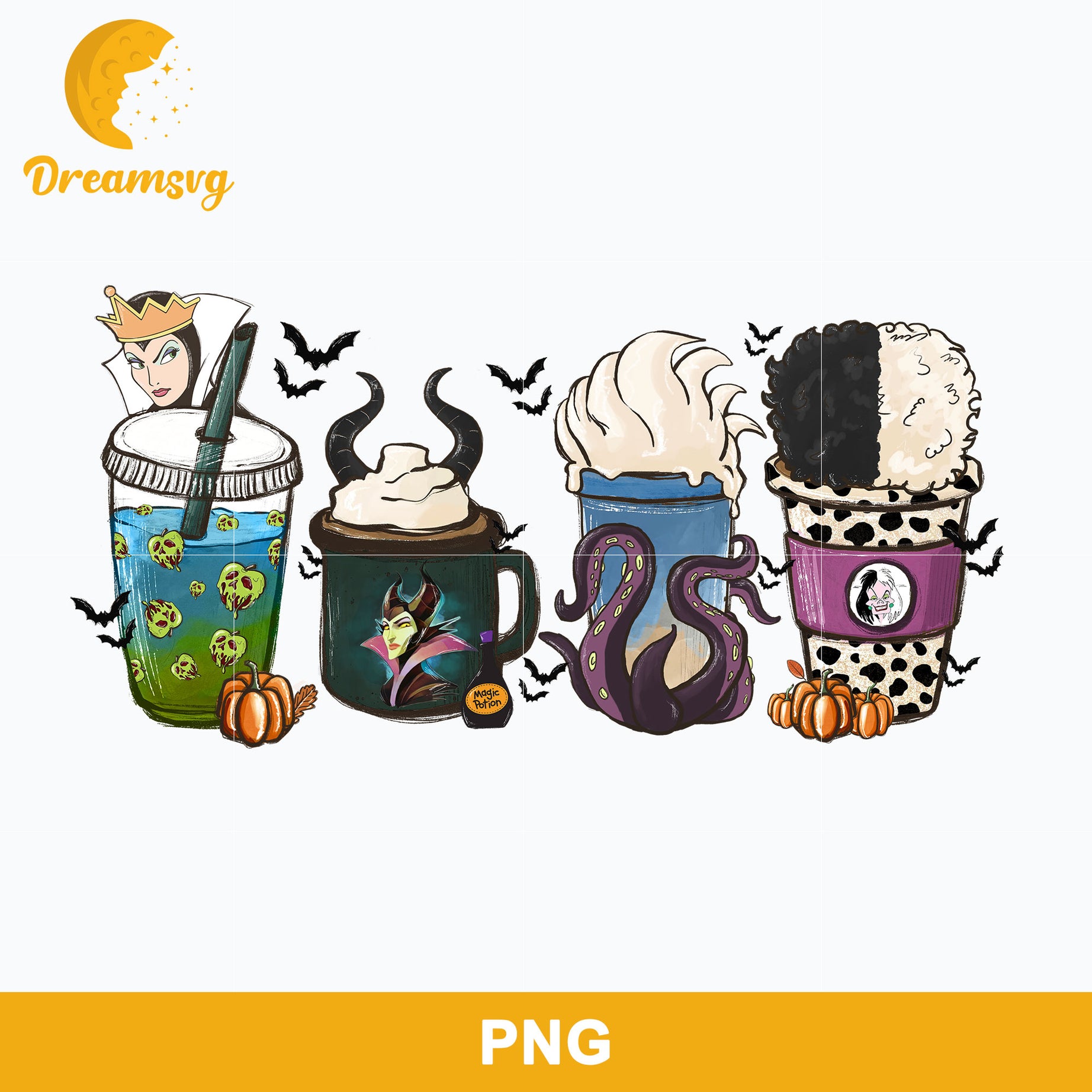 Villains Halloween Coffee Latte PNG, Horror Fall Coffee PNG, Disney Villains PNG.