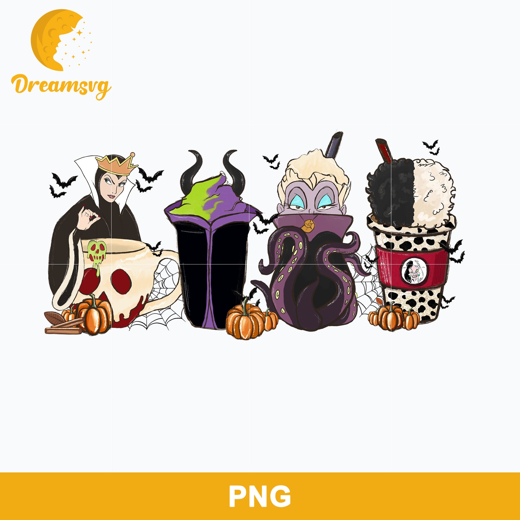 Villains Halloween Coffee PNG, Fall Horror Coffee PNG, Disney Villains Halloween PNG.