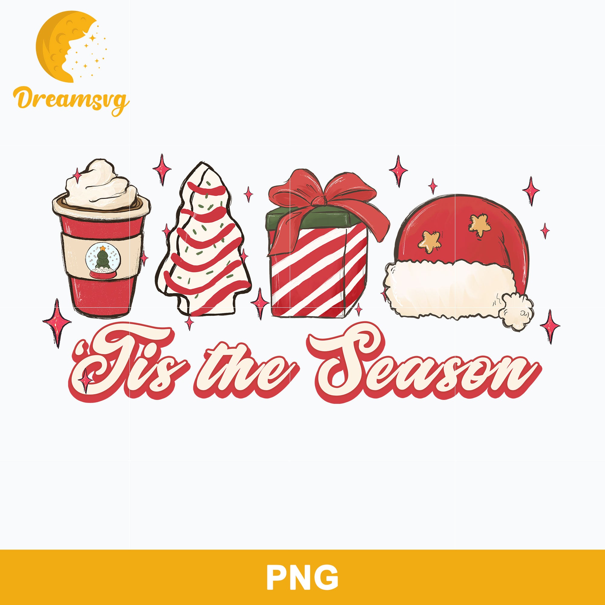 Tis The Season PNG, Coffee Cups Candy Cane Gift Santa Hat Christmas PNG.
