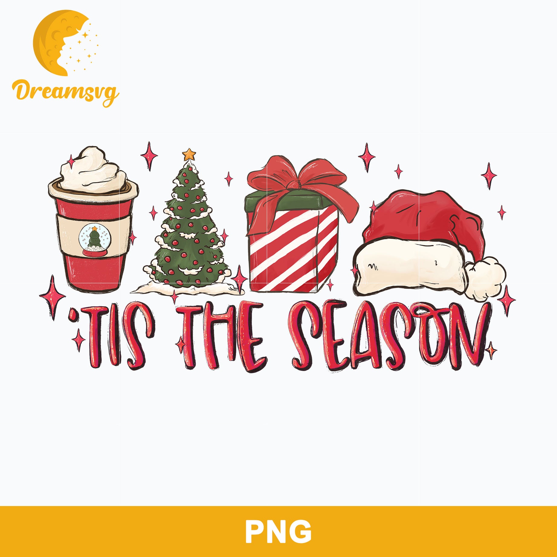 Tis The Season PNG, Coffee Cups Christmas Tree Gift Santa Hat Christmas PNG.