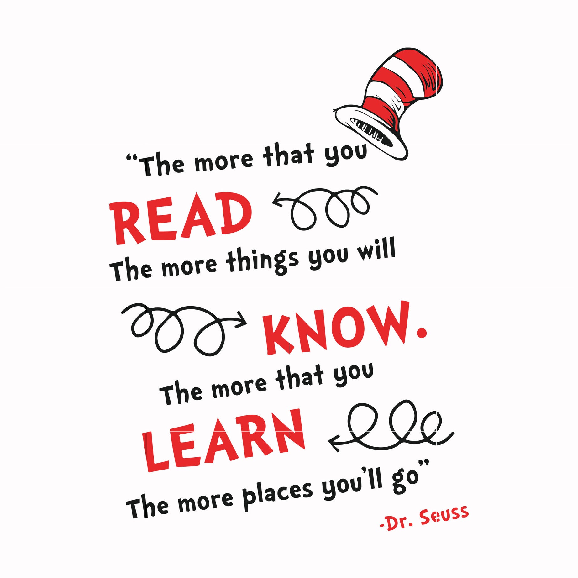 The more that you read the more things you will know the more that you learn the more places you'll go svg, png, dxf, eps file DR000107