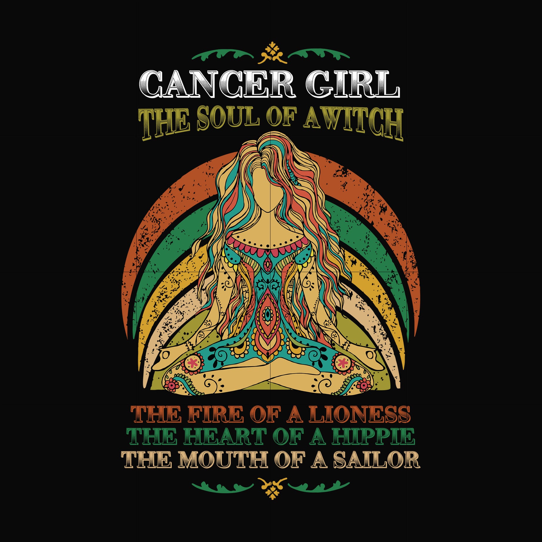 Cancer girl the soul of a witch svg, the fire of a lioness, the heart of a hippie, the mouth of a sailor svg, png, dxf, eps digital file NBD0035